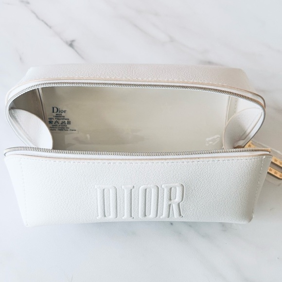 DIOR White Faux Leather Cosmetic Pouch Makeup Bag Case Embossed Logo New - Picture 9 of 16
